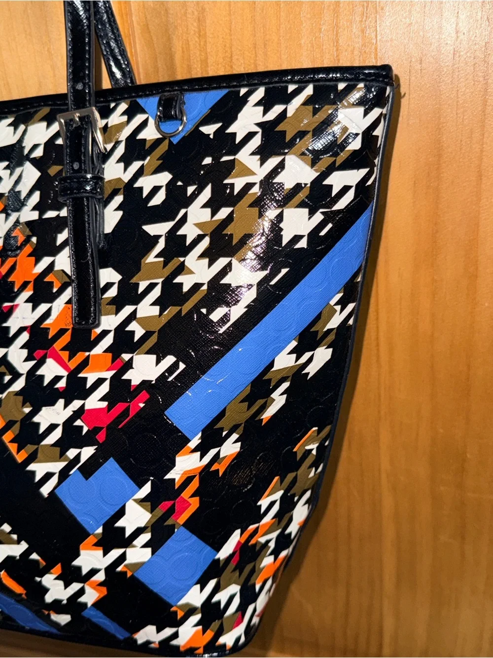 Nine West Black Patent Houndstooth Tote with Blue & Orange Accents & ID Wallet